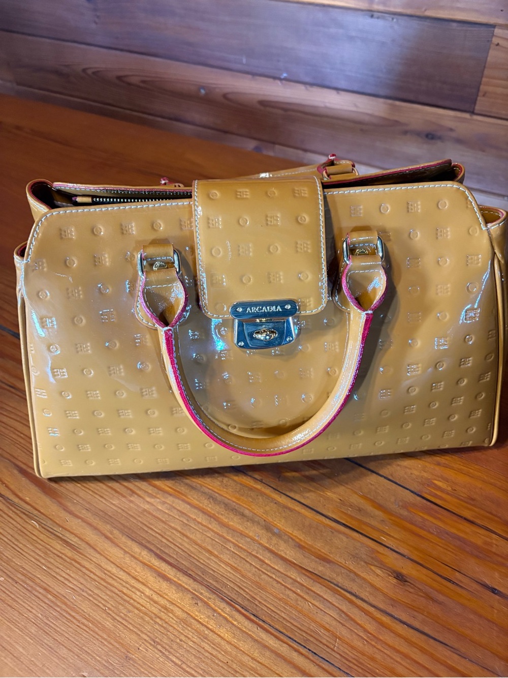 Arcadia Patent Leather Satchel Bag in Mustard Yellow with Red trim - Picture 3 of 9